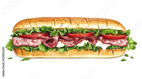 Italian sub sandwich with lettuce, slices of fresh tomatoes, salami, cured ham and cheese vector illustration