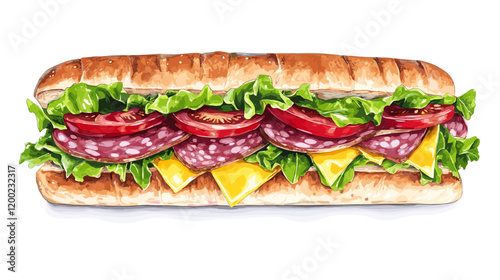 Italian sub sandwich with lettuce, slices of fresh tomatoes, salami, cured ham and cheese vector illustration