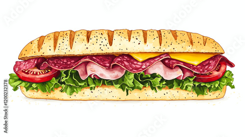 Italian sub sandwich with lettuce, slices of fresh tomatoes, salami, cured ham and cheese vector illustration