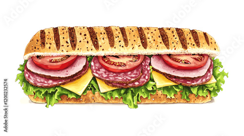 Italian sub sandwich with lettuce, slices of fresh tomatoes, salami, cured ham and cheese vector illustration
