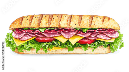 Italian sub sandwich with lettuce, slices of fresh tomatoes, salami, cured ham and cheese vector illustration