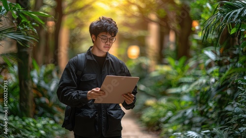 Young asian male student exploring botanical garden with tablet