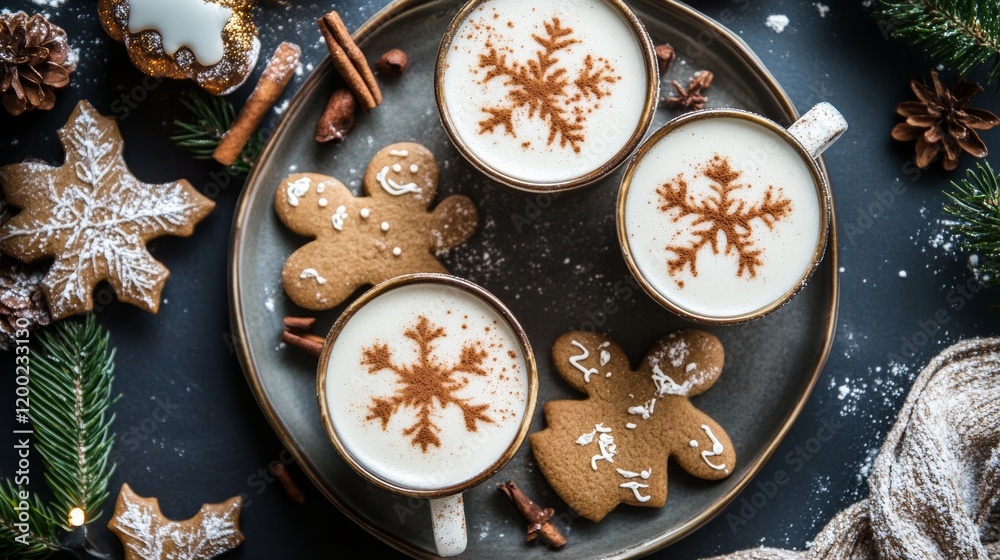 Vegan-friendly holiday dessert platter featuring gingerbread cookies and spiced lattes, styled with festive decor, Vegan-friendly holiday dessert platter featuring gingerbread cookies and spiced lattes, styled with festive decor,