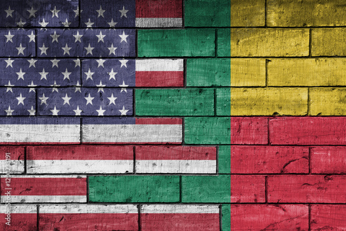 colourful painted big flag of united states of america and flag of benin on a massive old brick wall background. concept photo