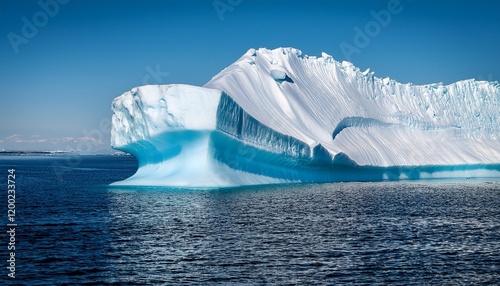 a large iceberg with a snowy peak rising above the surface of the water with most of its mass submerged below the surface photo