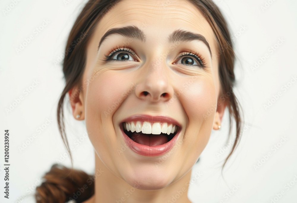 Surprised female face with a bright smile and closed eyes Surprised female face with a bright smile and closed eyes