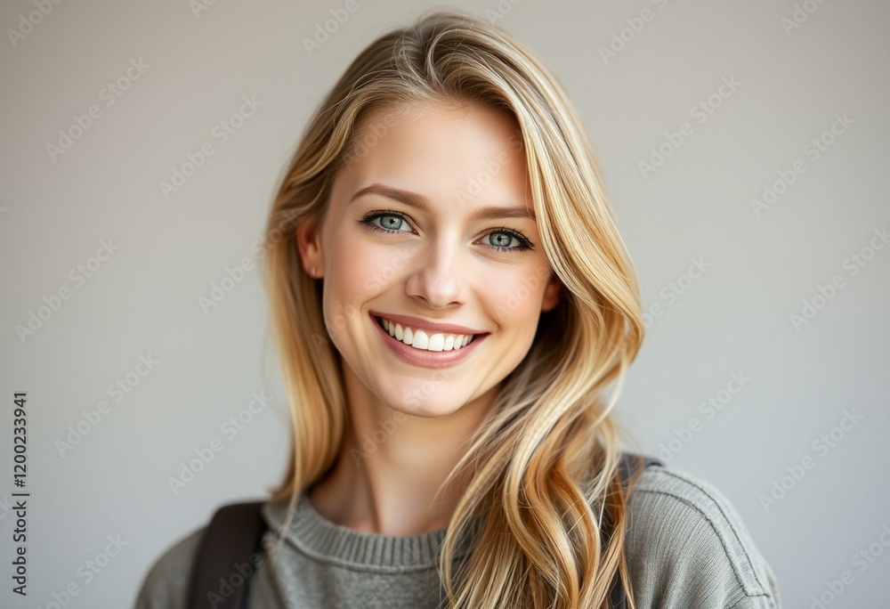 Blond Nordic female portrait with gentle smile and relaxed posture Blond Nordic female portrait with gentle smile and relaxed posture