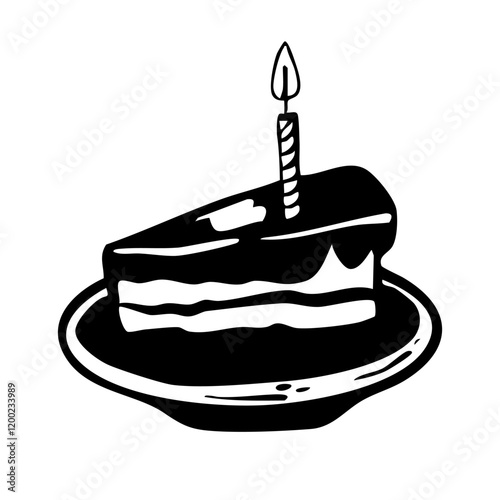 Wedding birthday party pastry cake slice with burning candle event greeting  with chocolate vanilla cream, decoration hand drawn doodle sketch.