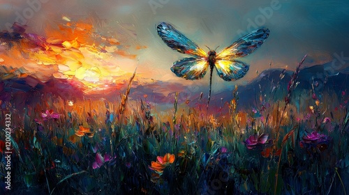Dragonfly sunset meadow painting.