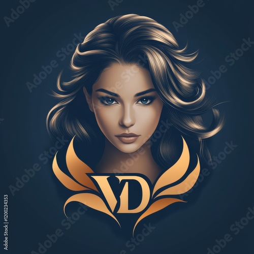 Elegant logo design featuring a womans portrait with flowing hair and golden VD typography 