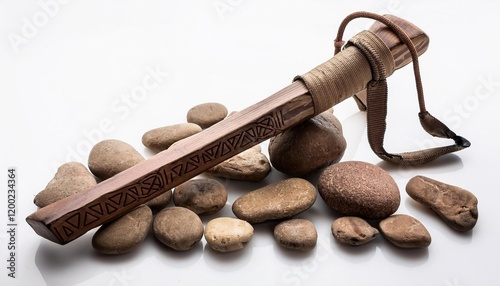 antique sling shot and stones on a white background from the story of david and goliath in the bible