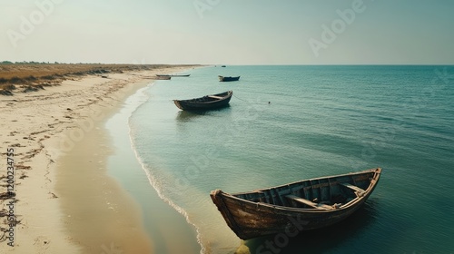 A tranquil scene of fishing boats anchored near the shore of Dhanushkodi. photo