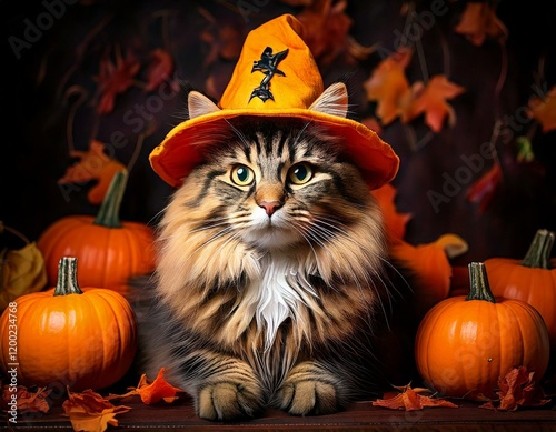 Katze mit Kürbishut – Niedliches Halloween-Motiv photo