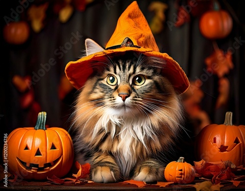 Katze mit Kürbishut – Niedliches Halloween-Motiv photo