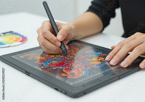 Close-up of a designer using a stylus pen on a digital tablet,