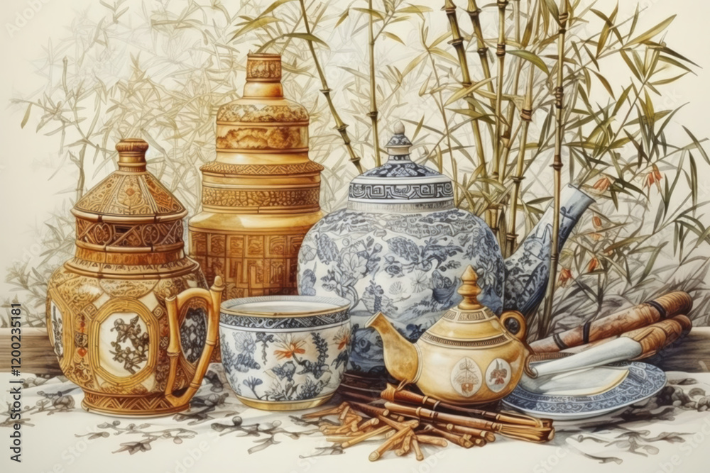 exquisite still life with bamboo and ancient porcelain, in oriental style intricate filigree, embroidery,. , Generative AI exquisite still life with bamboo and ancient porcelain, in oriental style intricate filigree, embroidery,. , Generative AI
