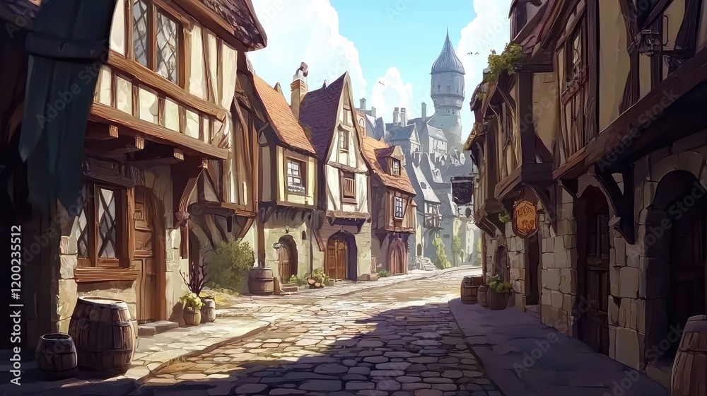 Fototapeta premium A lively medieval street with half-timbered houses, cobblestone paths, and a distant castle under a sunny blue sky. Perfect for RPG design, fantasy art, or storytelling concepts
