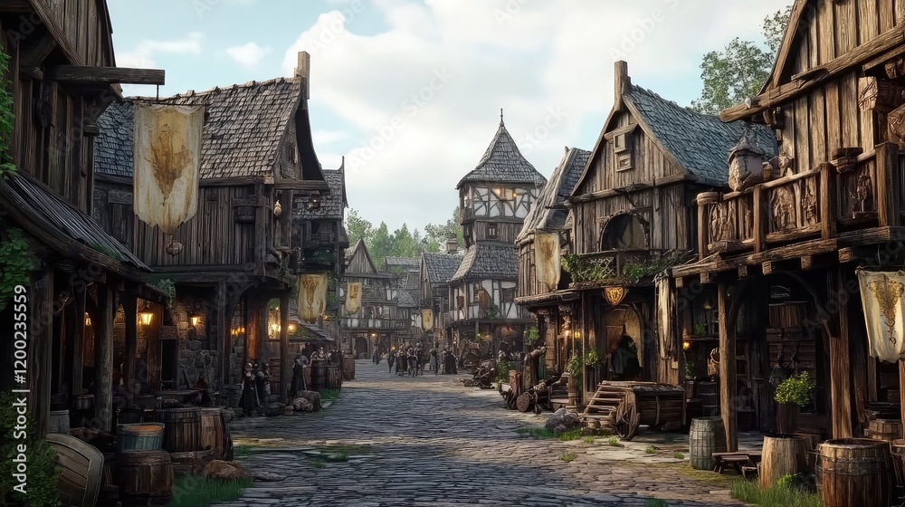 Naklejka premium A bustling medieval street with wooden houses, cobblestone paths, and vibrant activity, perfect for fantasy settings, historical themes, or RPG game concepts