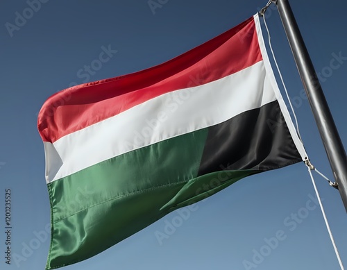 Sudanese Flag: Vibrant Colors Unfurling in a Clear Sky photo