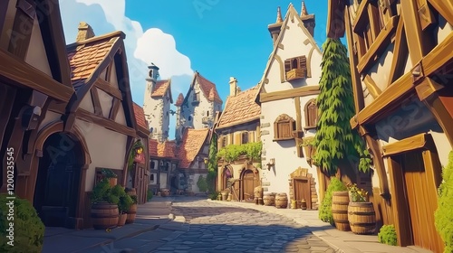 A sunlit medieval street lined with half-timbered houses, cobblestone pathways, and vibrant greenery. Ideal for fantasy games, storybook scenes, or historical concept art