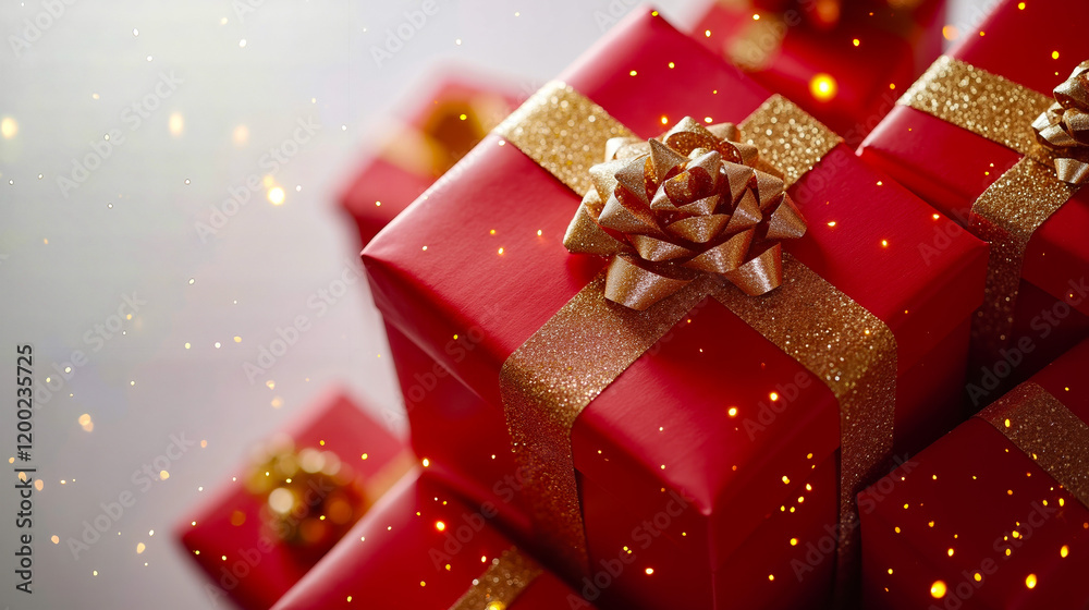 Fototapeta premium A pile of red and gold wrapped presents with a bow