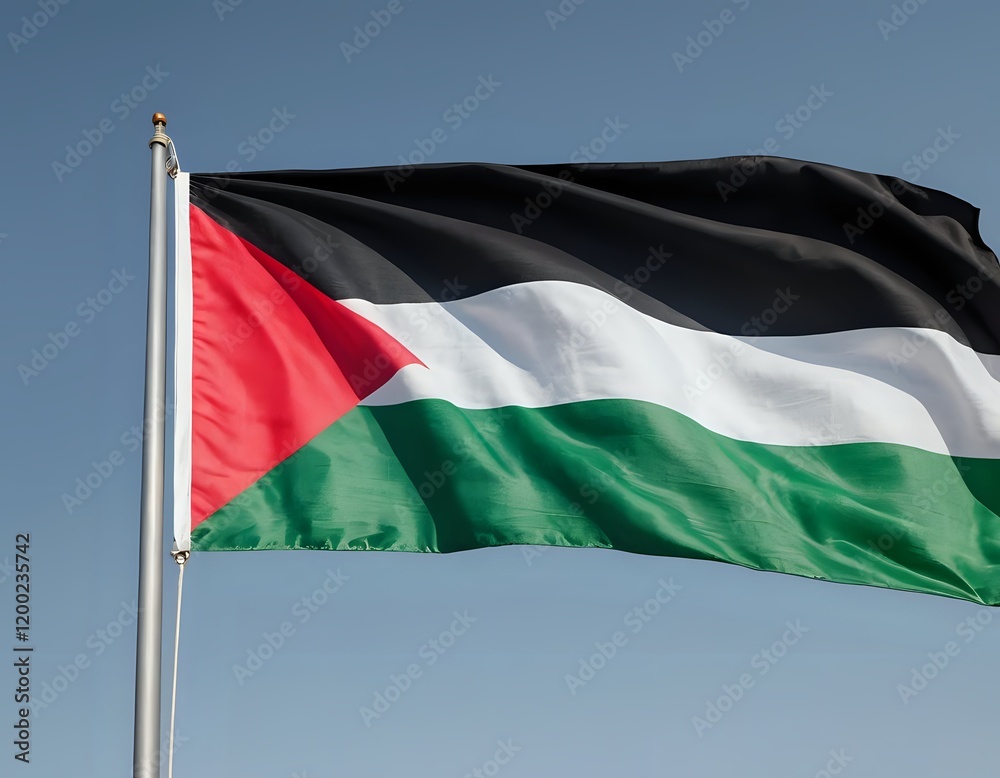 Palestinian Flag: A Vibrant Tricolor in Gentle Breeze Palestinian Flag: A Vibrant Tricolor in Gentle Breeze