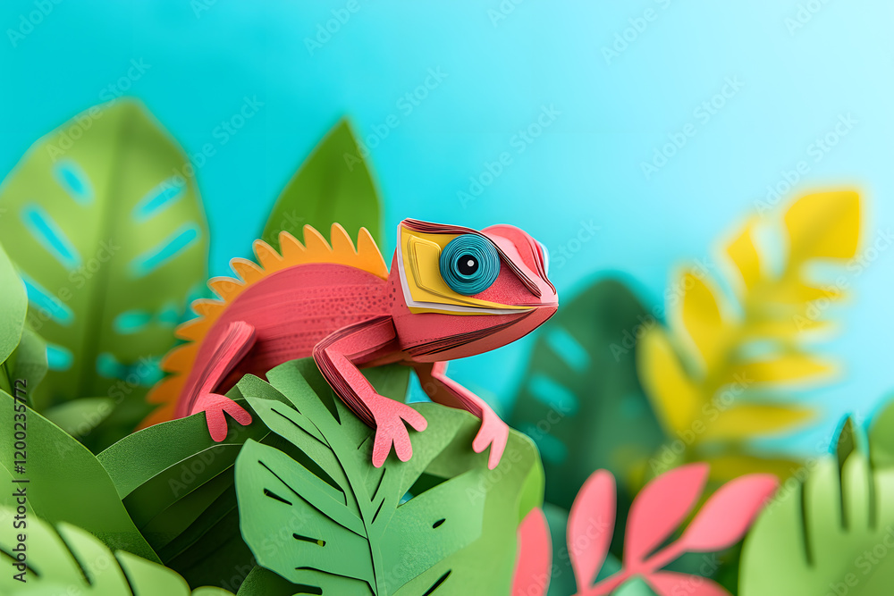 Fototapeta premium Colorful chameleon in the jungle, paper cut art style