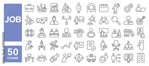 Set of 50 line icons related to job, hire, employment, recruitment, employer, wages, business, interview, resume, career, Editable stroke. Vector illustration