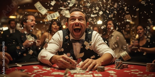 a man in a tuxedo is surrounded by casino chips