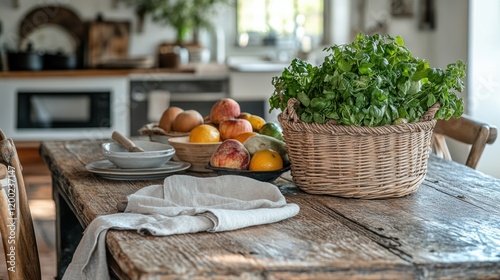 Wallpaper Mural farmhouse kitchen decor, a weathered rustic kitchen table, embellished with soft-colored linen napkins and a wicker basket of fresh produce Torontodigital.ca