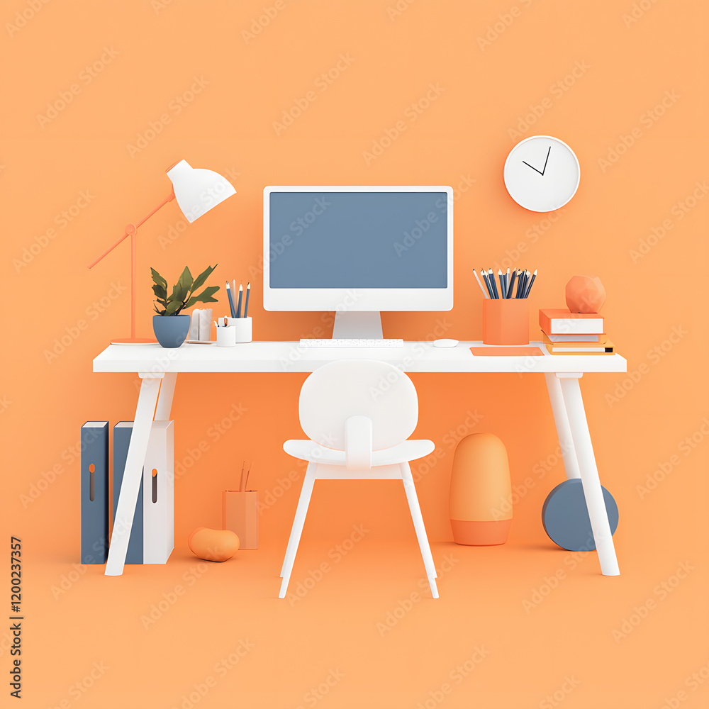 Naklejka premium Office desk with desktop computer and vacant empty chair. Free unoccupied workplace, workspace illustration 