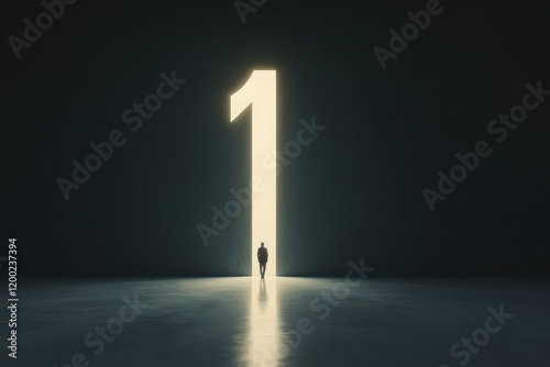 a person standing in front of a number one sign