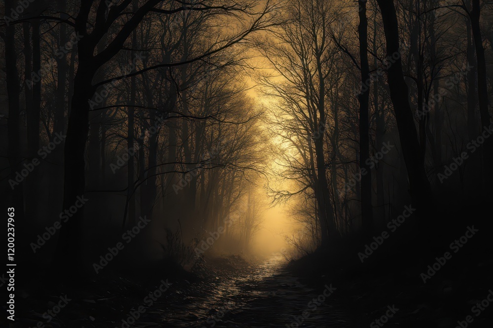 Fototapeta premium a dark path in the woods with trees and fog