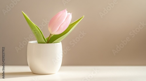 Wallpaper Mural Elegant pastel pink tulip in a minimalist white ceramic vase on a beige table Torontodigital.ca