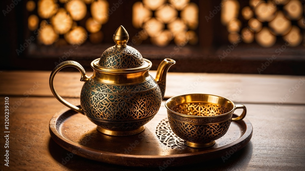 Tea cup set on the table with traditional and Islamic religious nuances
