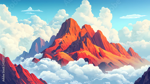 Dramatic imposing mountain peaks shrouded in wispy clouds their rugged. Majestic Mountain Peaks. Illustration