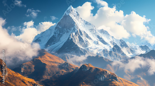 Dramatic imposing mountain peaks shrouded in wispy clouds their rugged. Majestic Mountain Peaks. Illustration