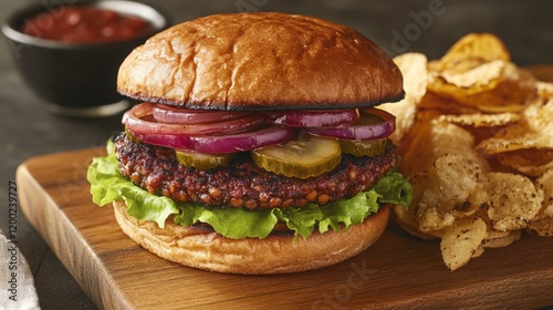Wallpaper Mural A veggie burger made with a lentil patty, topped with caramelized onions, lettuce, tomato, and pickles, served on a wooden board with a side of baked chips. Torontodigital.ca