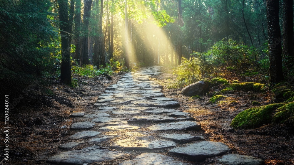 Obraz premium A stone pathway through a peaceful forest, with rays of sunlight shining down onto the weathered stones.
