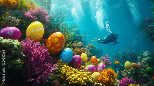 Colorful painted Easter eggs scattered among vibrant coral reefs, with a scuba diver exploring the underwater scenery, concept of festive marine celebration