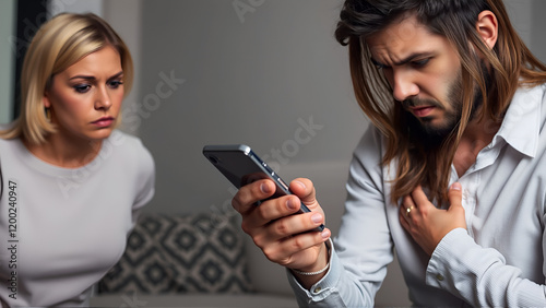 Angry irritated woman looking at man hiding smartphone display. Nervous wife listening explanations of sly justifying unfaithful husband who doesnt want to show mobile phone. Mistrust in family life photo