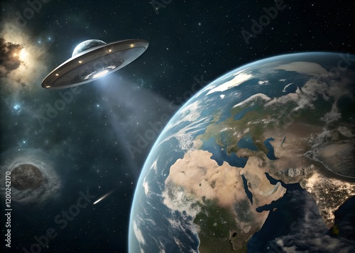 ufo beside the earth in the space