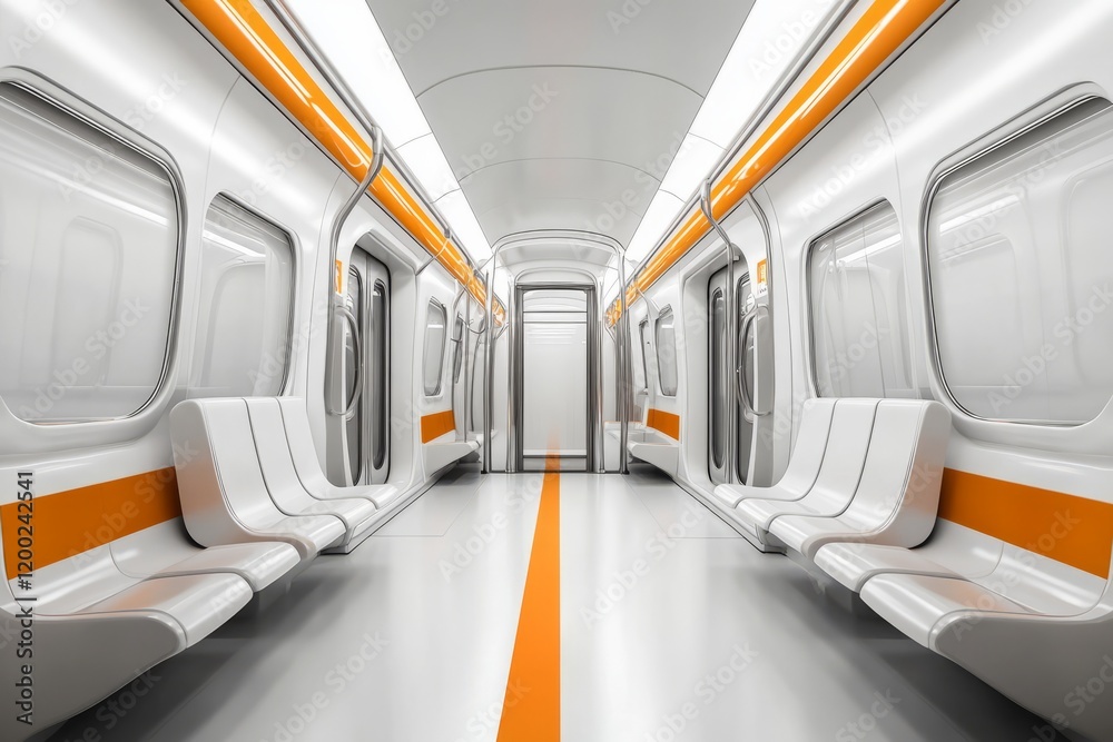 Obraz premium Empty modern white subway car inside with orange lines