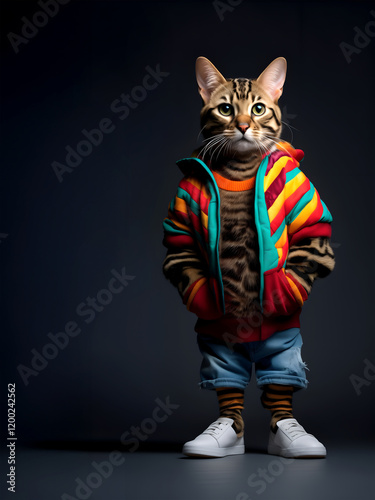 Creative animal concept. Bengal cat kitten kitty full body in hip hop stylish fashion isolated on dark background, commercial, editorial advertisement, surreal, copy text space	
