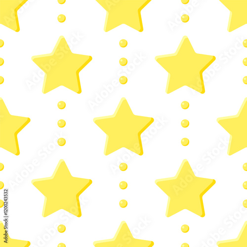 Yellow stars on dotted white background. Vector seamless pattern.
