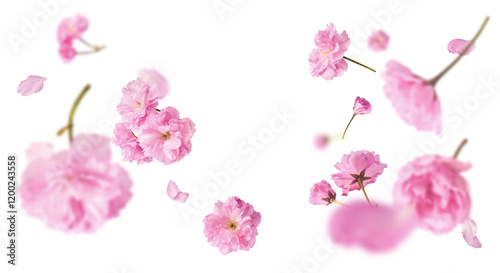 Beautiful blooming of delicate pink Sakura flowers falling in the air, isolated on white background. Zero gravity or levitation spring flowers conception, high resolution image