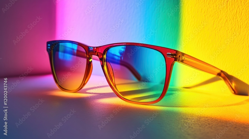 Sunglasses composition in many bright colors in transparent plastic. Top view with shadow. Trendy glasses isolated on background. Glasses with polarized lenses. Fashionable eyewear for women. Sunglasses composition in many bright colors in transparent plastic. Top view with shadow. Trendy glasses isolated on background. Glasses with polarized lenses. Fashionable eyewear for women.