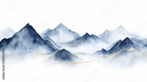 Wallpaper Mural Serene minimalist watercolor painting of majestic mountain peaks with golden lines on a pristine white background, evoking feelings of tranquility. Majestic Mountain Peaks. Illustration Torontodigital.ca