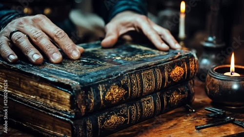 Close-up of hands handling ornate leather-bound books. Neo-Medievalism revival in craftsmanship, medieval aesthetics, and historical storytelling. photo