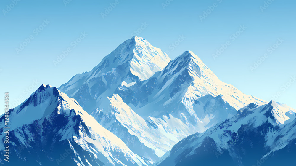 Snow-capped mountain peaks against a clear blue sky. Majestic Mountain Peaks. Illustration Snow-capped mountain peaks against a clear blue sky. Majestic Mountain Peaks. Illustration